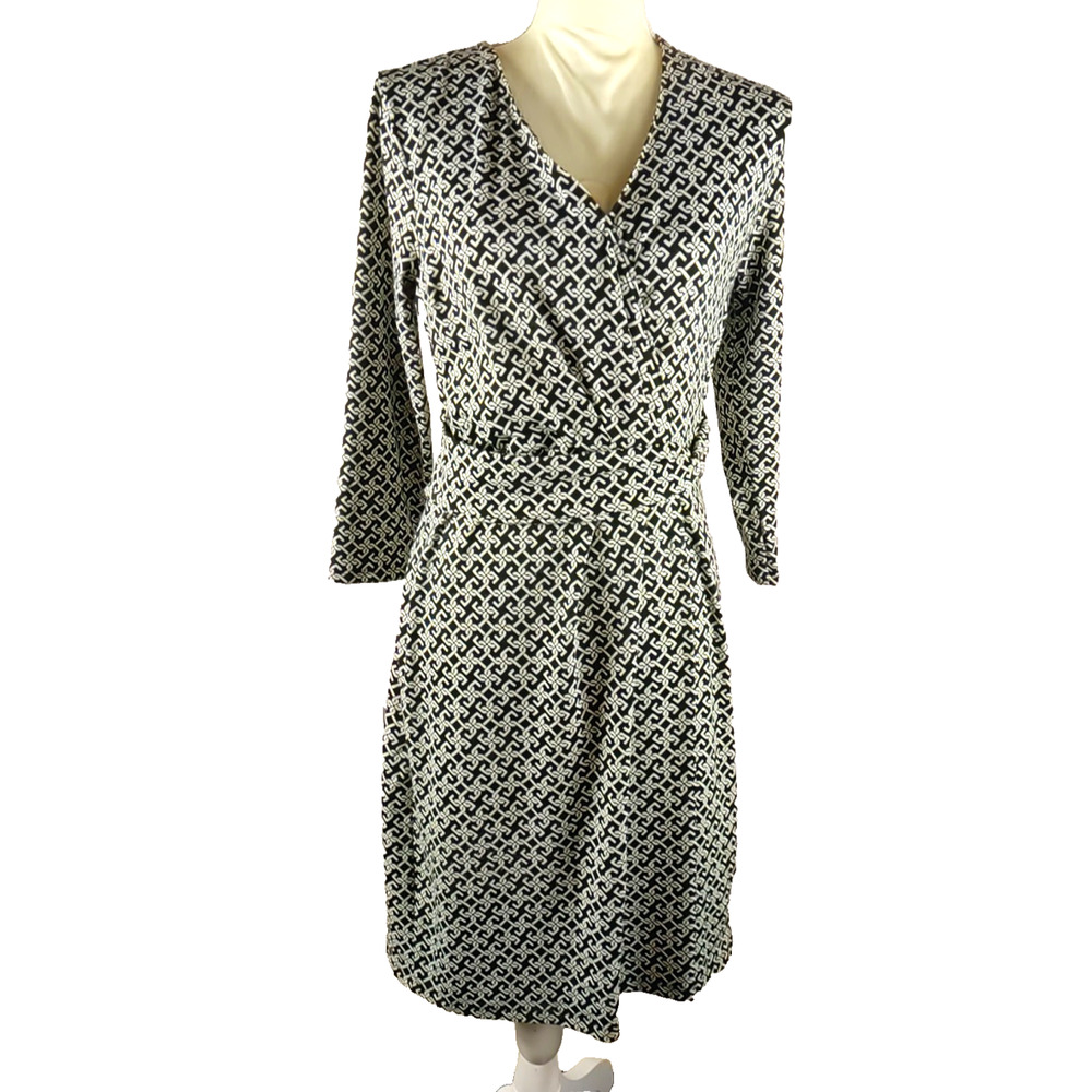 Talbot's Women's Dress Size Medium Black White Geometric Design V Neck...